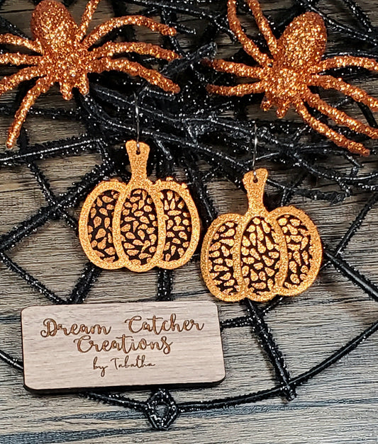 Pumpkin Leather Earrings- Orange Micro Glitter & black