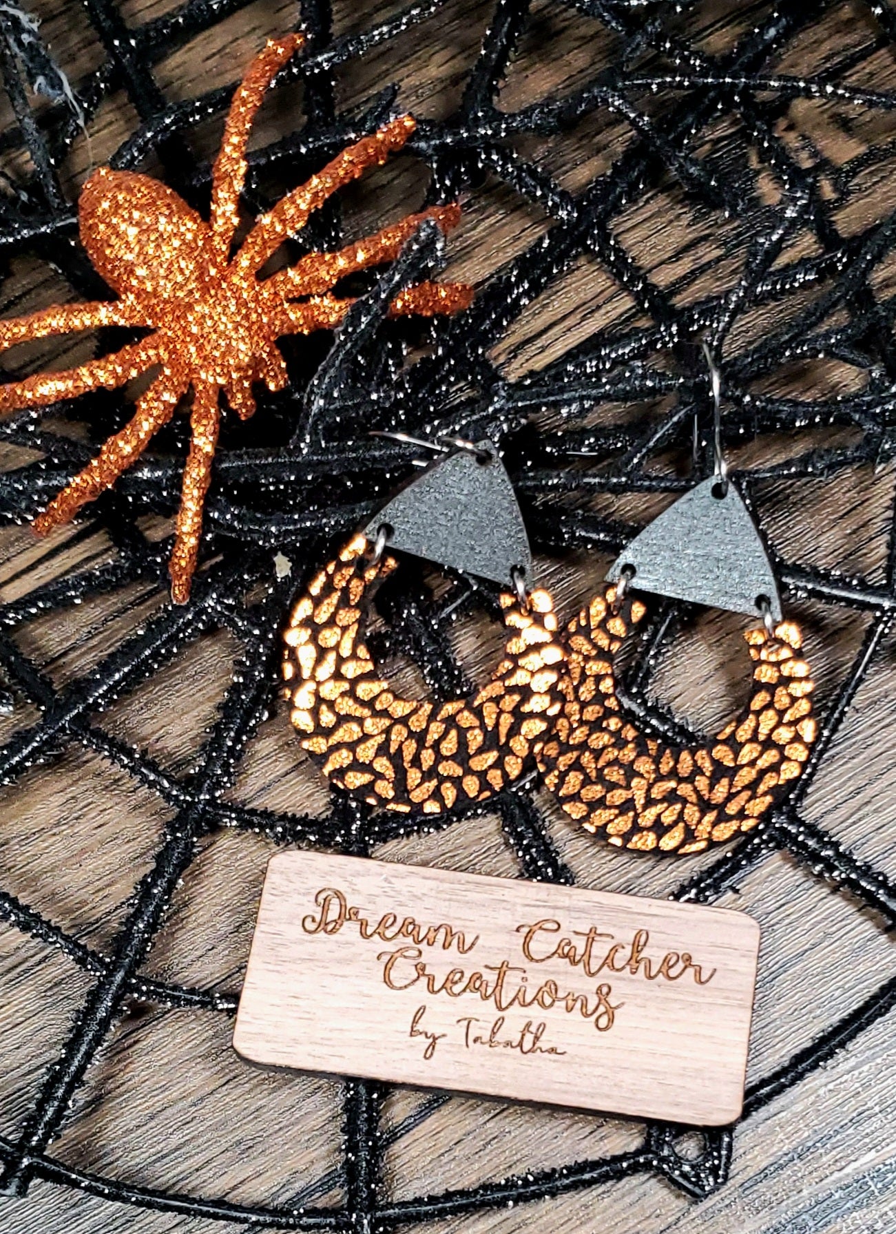 Crescent Drop Leather Earrings-  Orange & Black