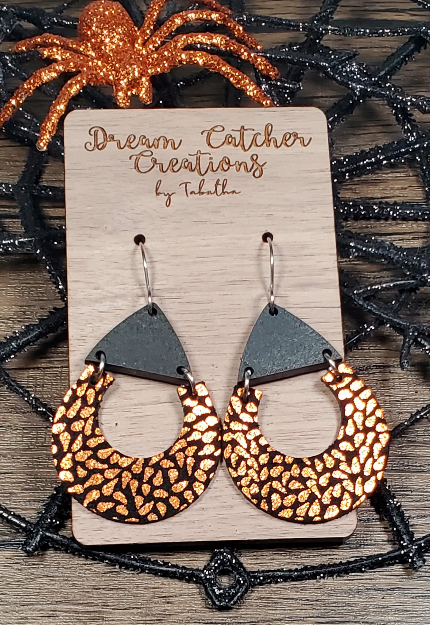 Crescent Drop Leather Earrings-  Orange & Black