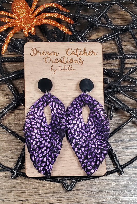 Sculpted Leaves Leather Earrings- Purple & Black