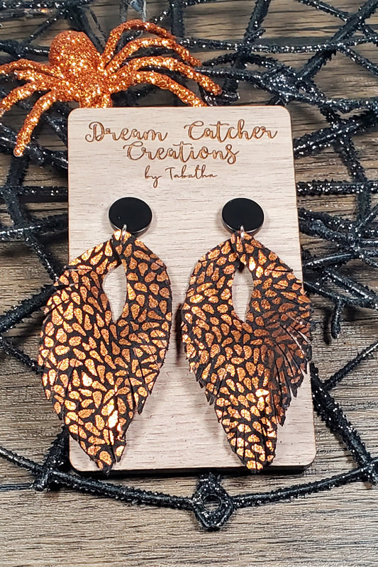 Sculpted Leaves Leather Earrings- Orange & Black