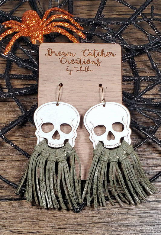 Full Fringe Wood Skulls- Army/Olive Green