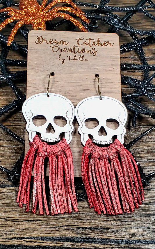 Full Fringe Wood Skulls- Red & Bronze