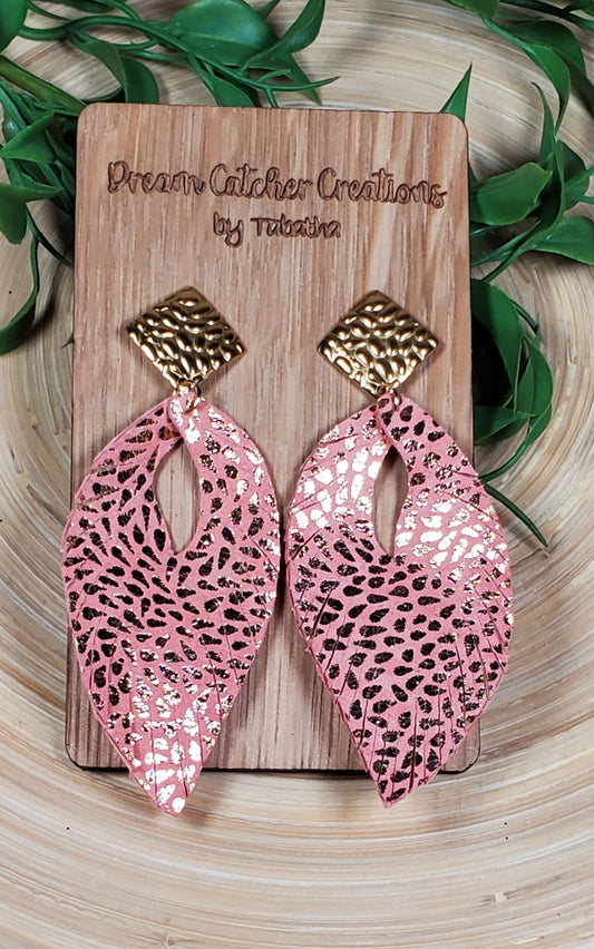 Sculpted Leaves Leather Earrings- Pink & Rose Gold