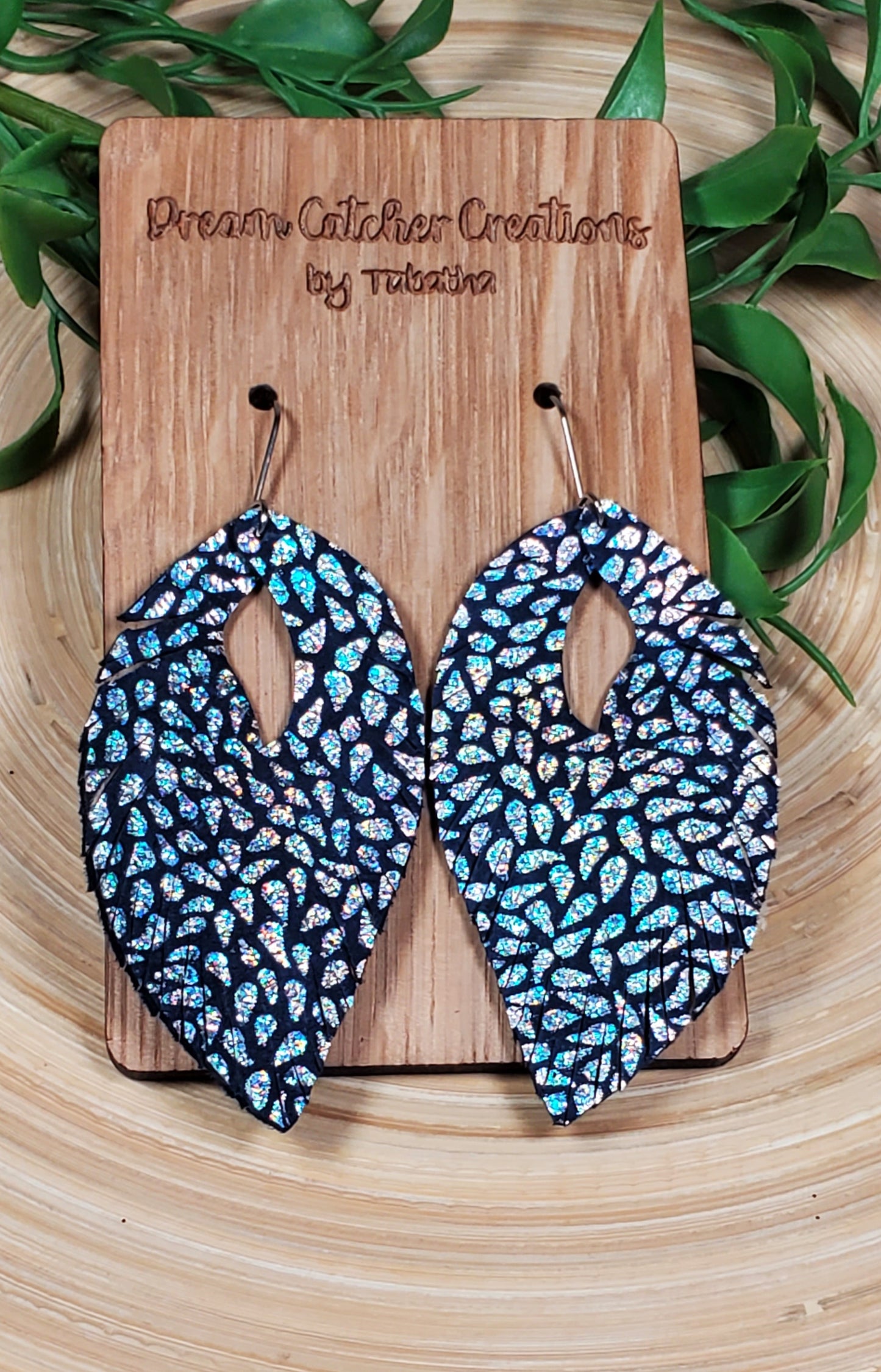 Sculpted Leaves Leather Earrings- Navy