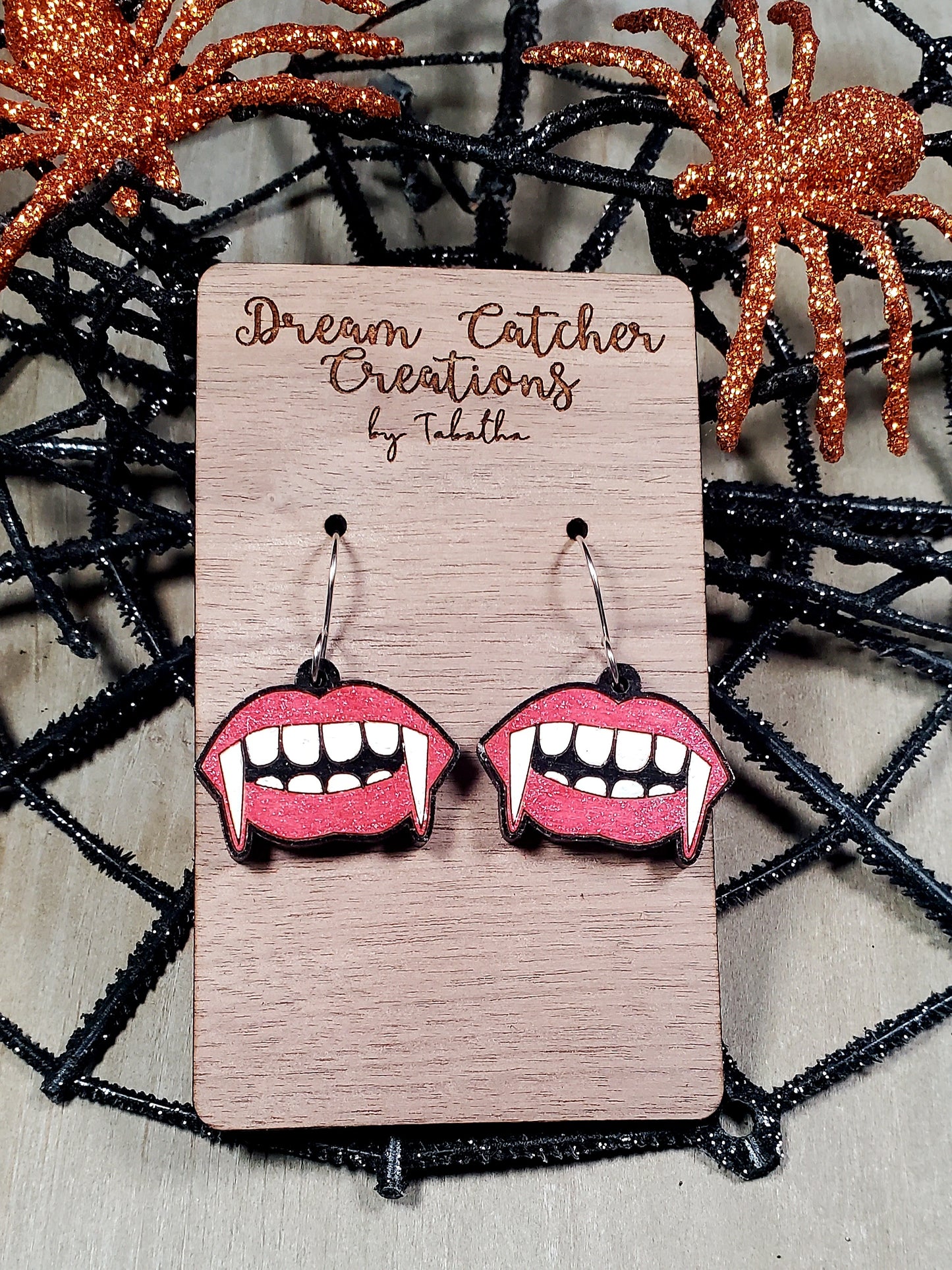 Vampire Fangs Wood Dangle Earrings