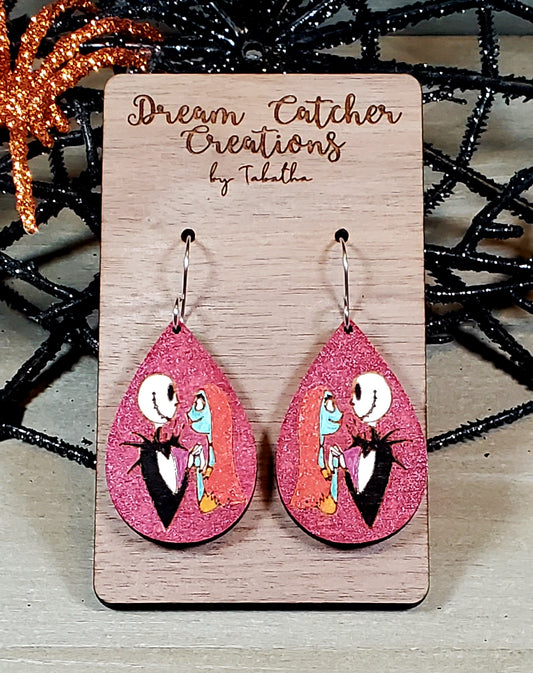 Jack & Sally Teardrop Wood Earrings