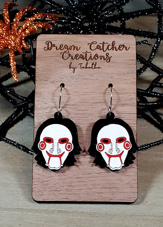 Saw Puppet Face Wood Earrings