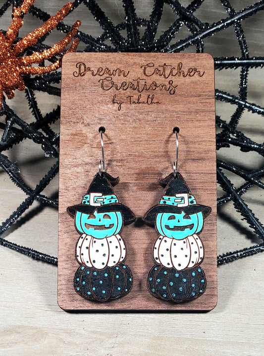 Pumpkin Stacker Wood Earrings- Teal & Black