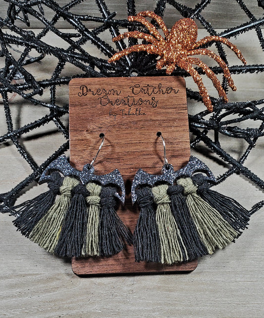 Glitter Bat Macramé Earrings- Green & Black