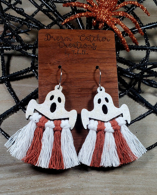 Glitter Ghost Macramé Earrings- Orange & White