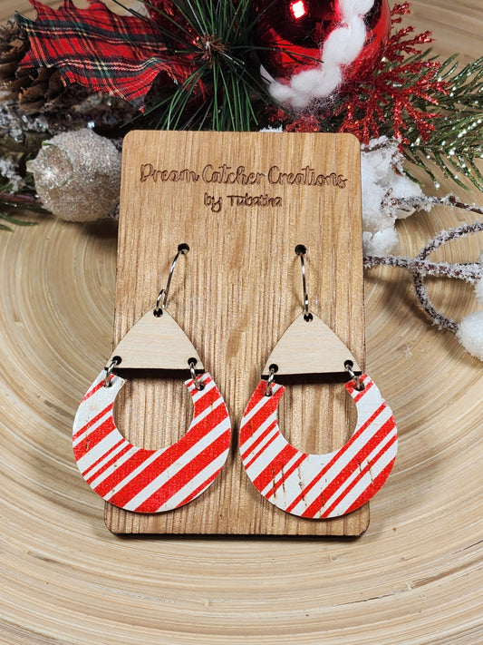 Crescent Drop Leather Earrings- Candy Cane