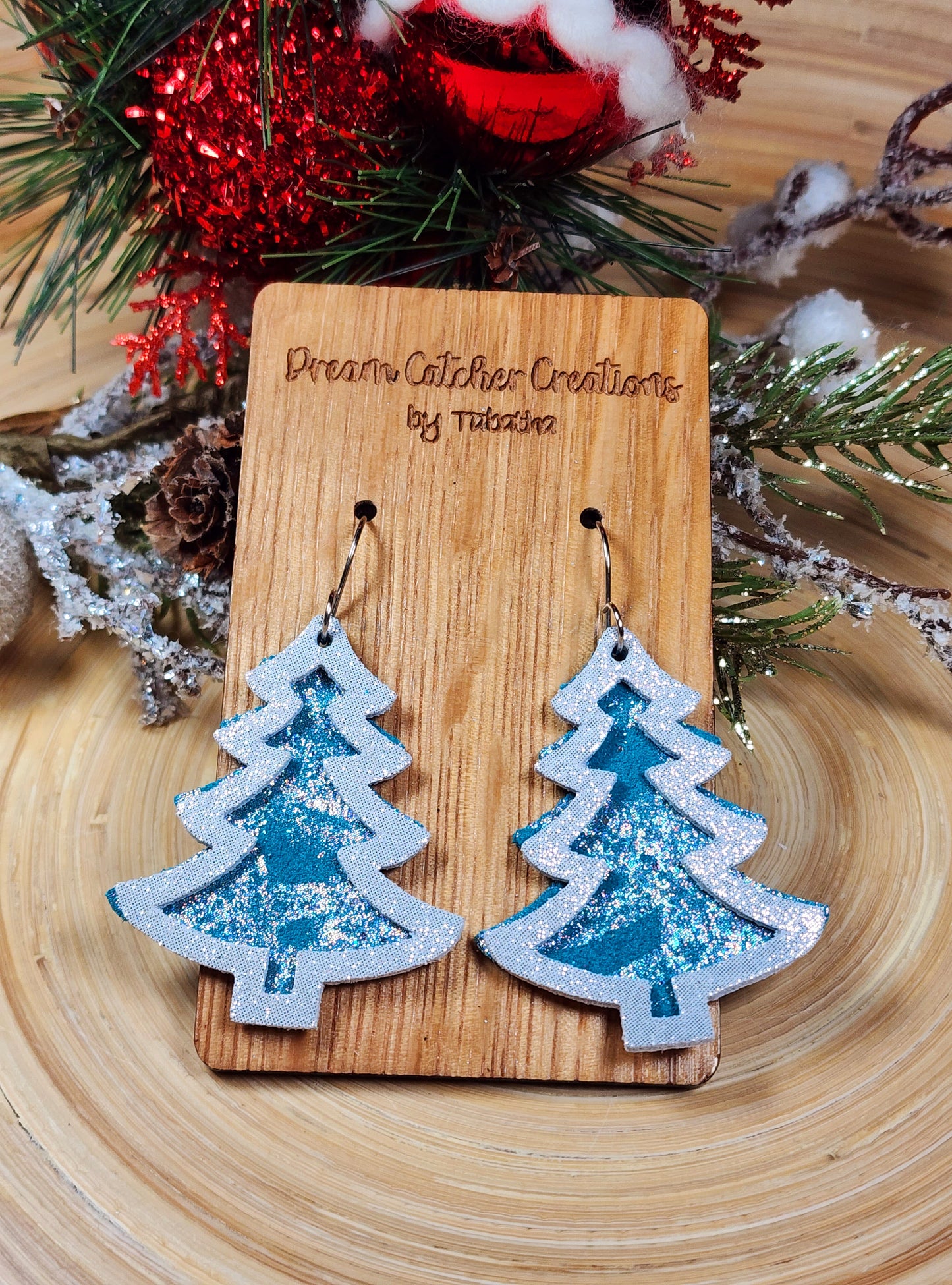 Christmas Tree Leather Earrings- Teal & Silver Swirl