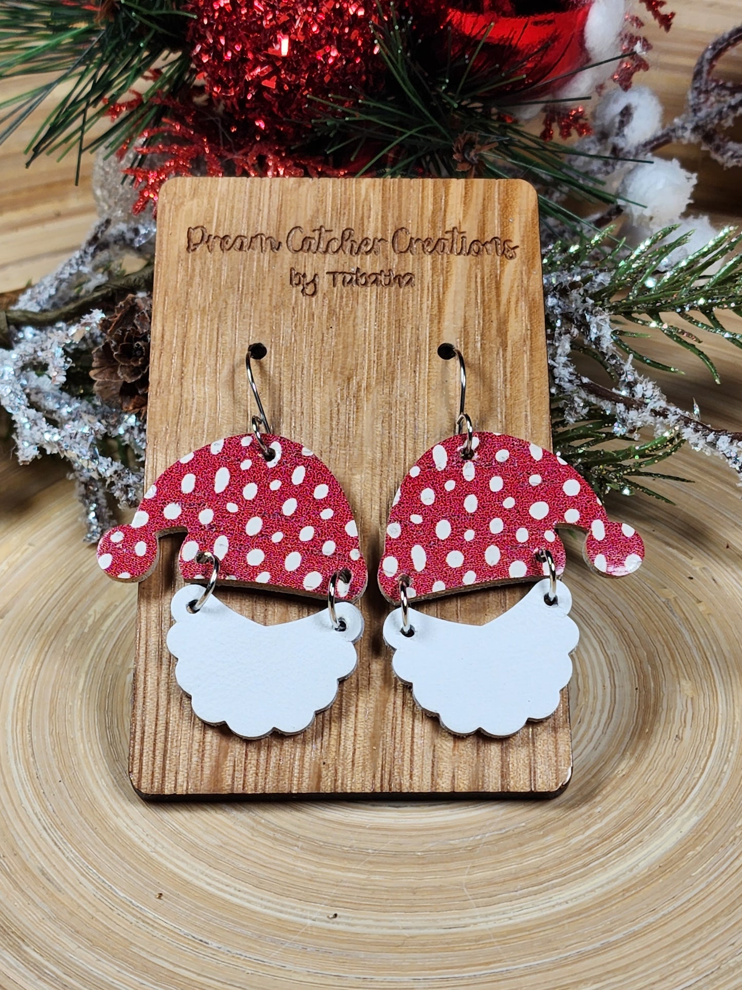 Santa Leather Earrings- Red & White Dots