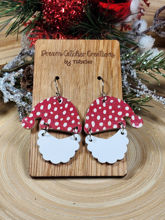 Santa Leather Earrings- Red & White Dots