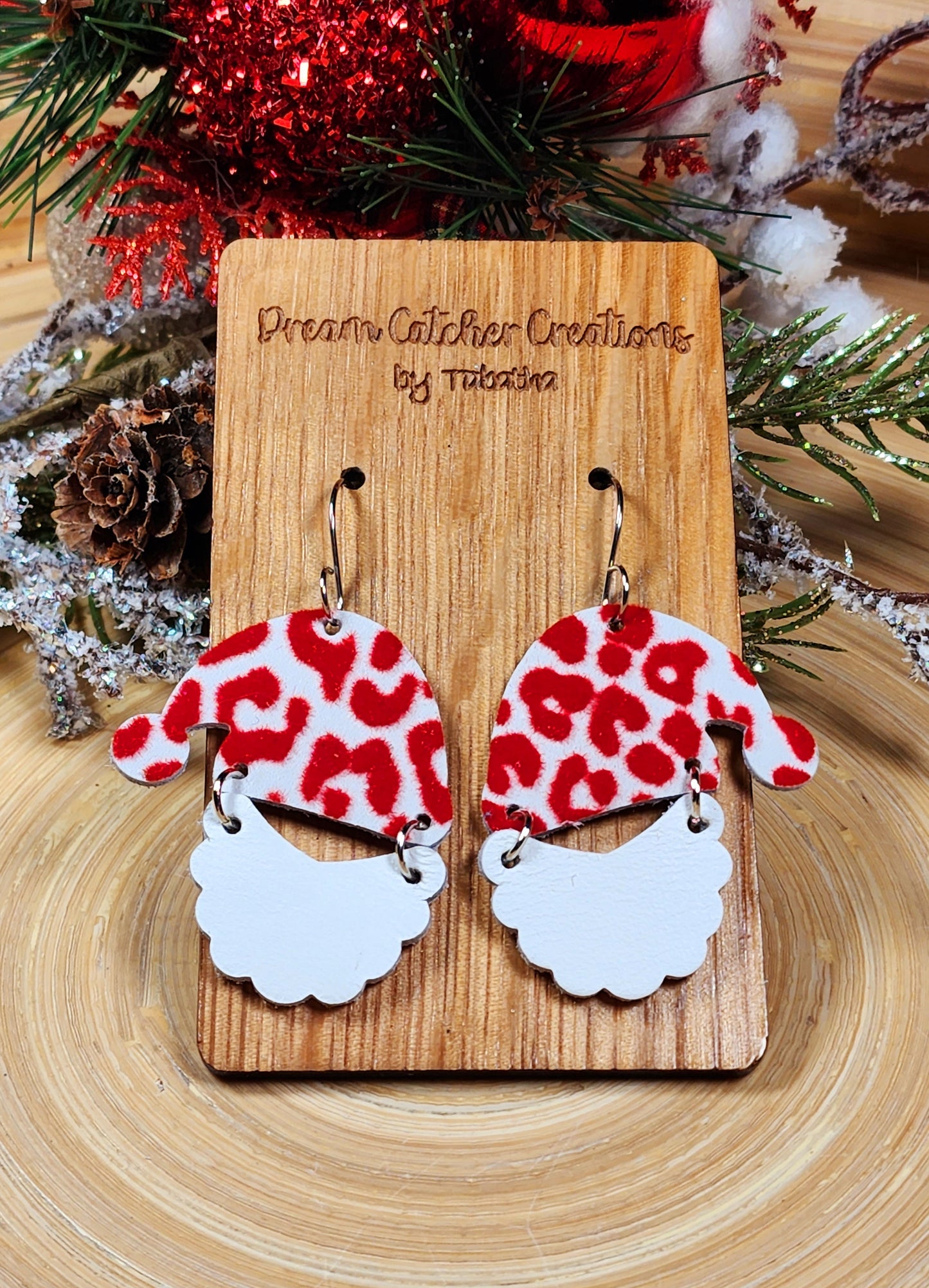 Santa Leather Earrings- Red & White Flocked