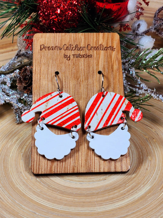 Santa Leather Earrings-  Candy Cane Stripes