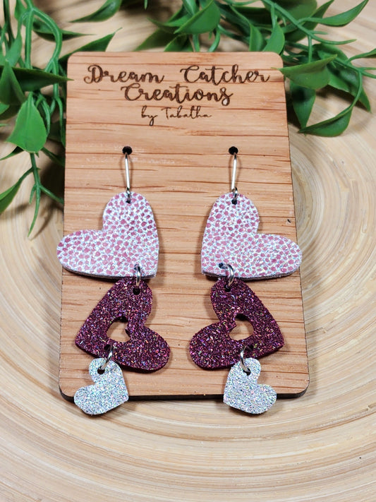 Triple Hearts Leather Earrings- Purplish Pink Stingray