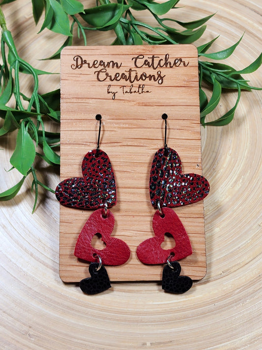 Triple Hearts Leather Earrings- Red & Black Cheetah