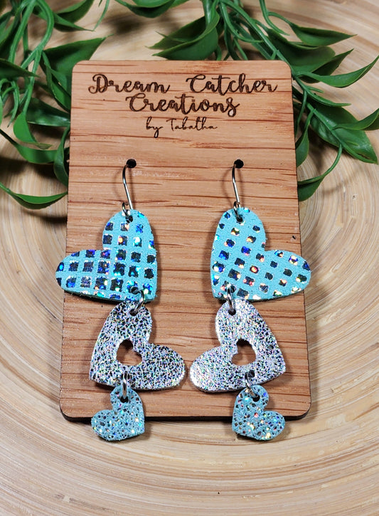 Triple Hearts Leather Earrings- Aqua & Silver