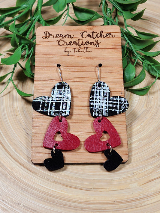 Triple Hearts Leather Earrings- Black & Red Plaid