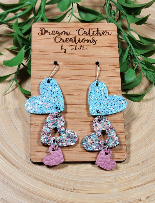 Triple Hearts Leather Earrings- Blue, Pink, & Sparkle