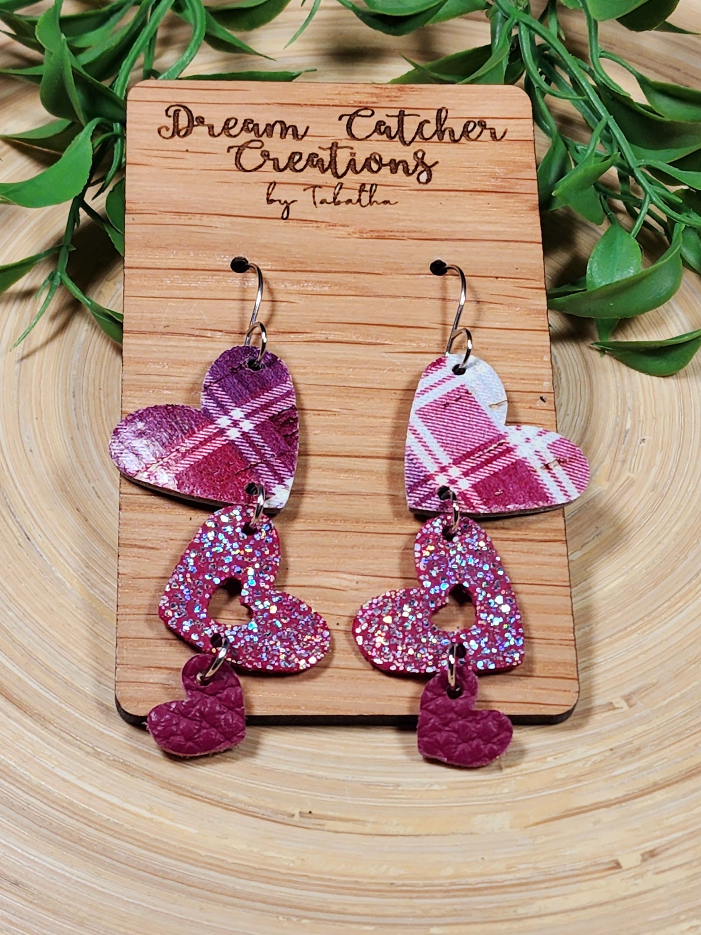 Triple Hearts Leather Earrings- Berry Sparkle Plaid