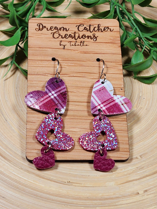 Triple Hearts Leather Earrings- Berry Sparkle Plaid