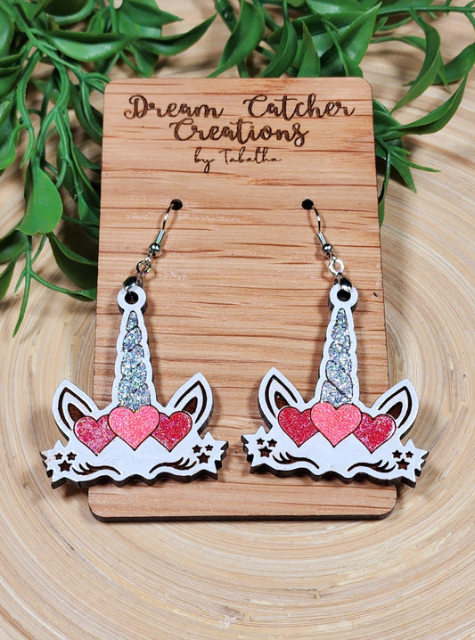 Unicorn with Hearts Wood Earrings