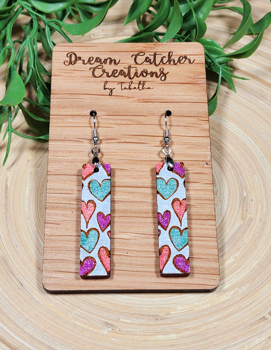 Heart Bar Wood Earrings- Teal, Pink, & Purple