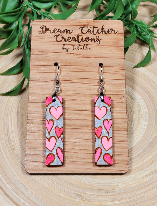 Heart Bar Wood Earrings- Pink