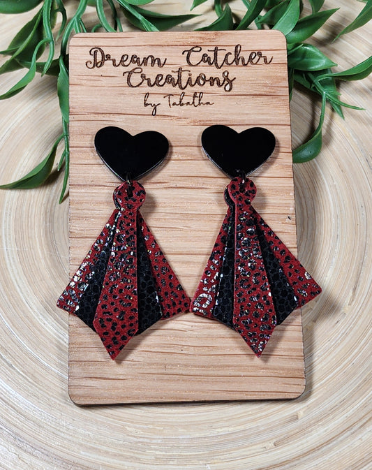 Layered Flare Leather Earrings with Heart Stud- Black & Red Cheetah