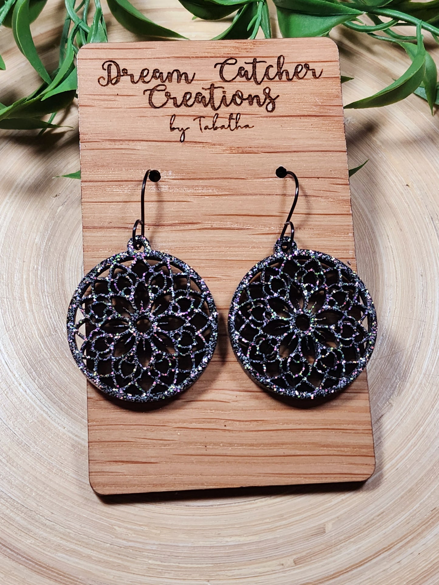 Round Flower Cutout Wood Earrings- Black Glitter