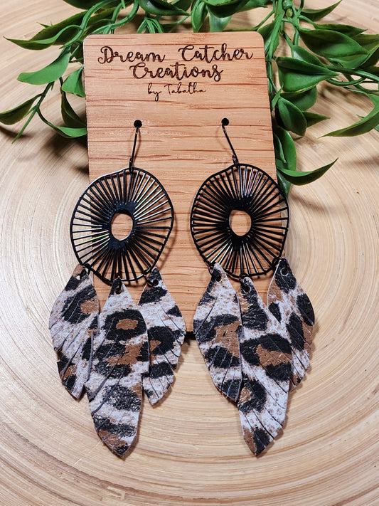 Dream Catcher Leather & Metal Earrings-  Leopard