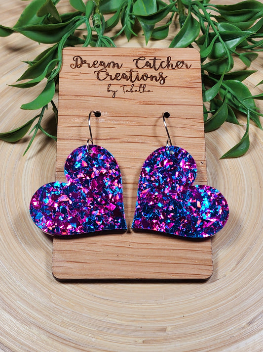 Acrylic Glitter Heart Earrings- Pink, Blue, & Purple- 1.5 inch