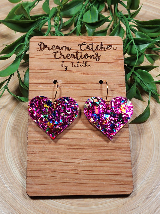 Acrylic Glitter Heart Earrings- Magenta- 1 inch