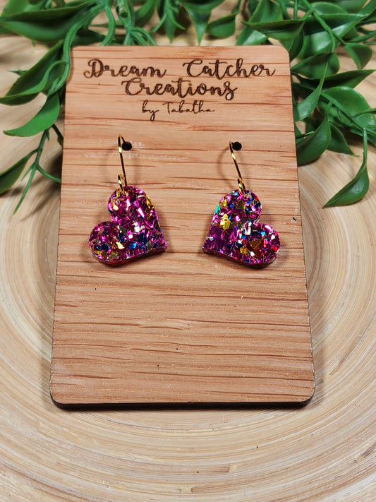 Acrylic Glitter Heart Earrings- Magenta- .75 inch