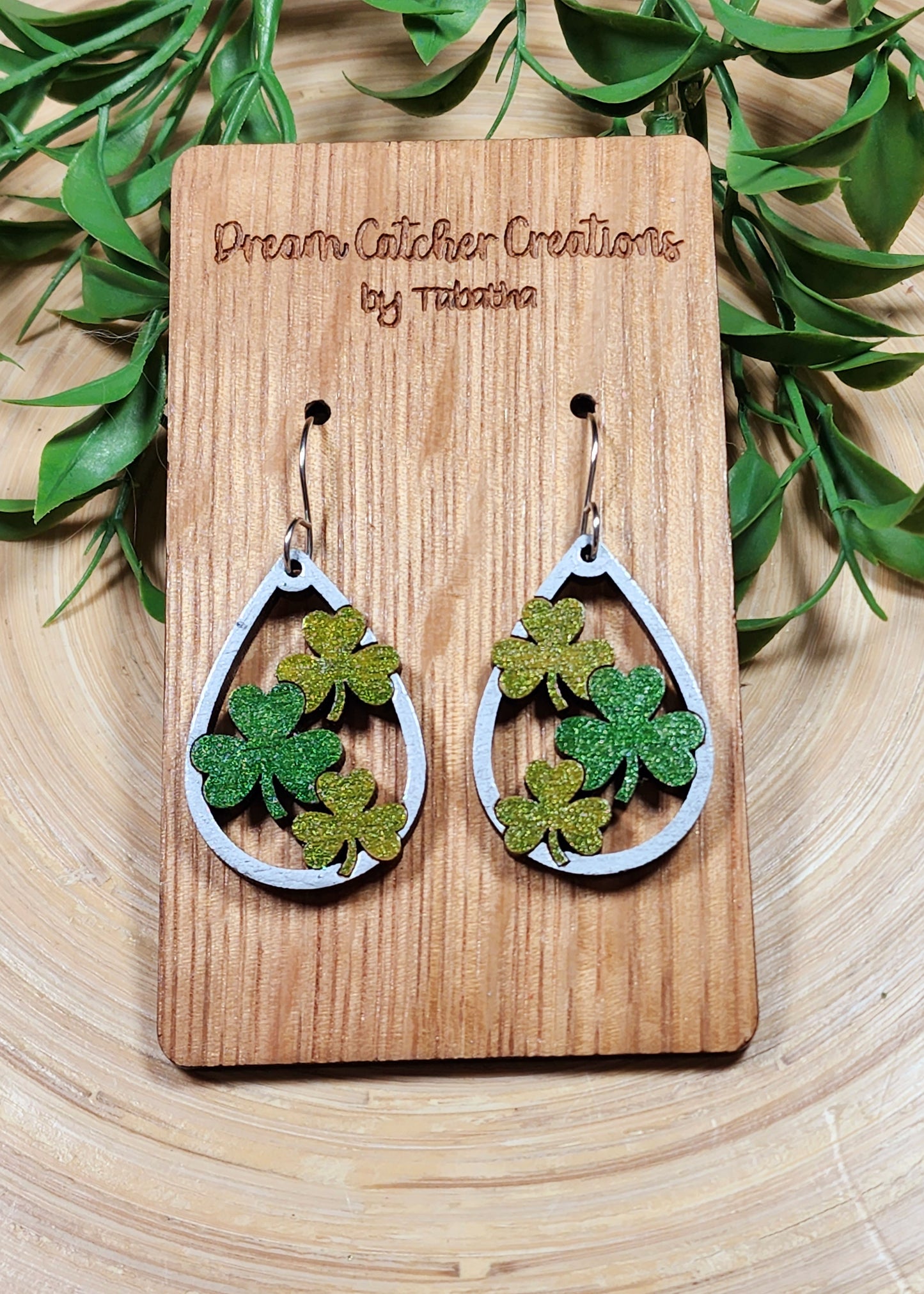 3 Leaf Clover Shamrock Teardrop Wood Earrings