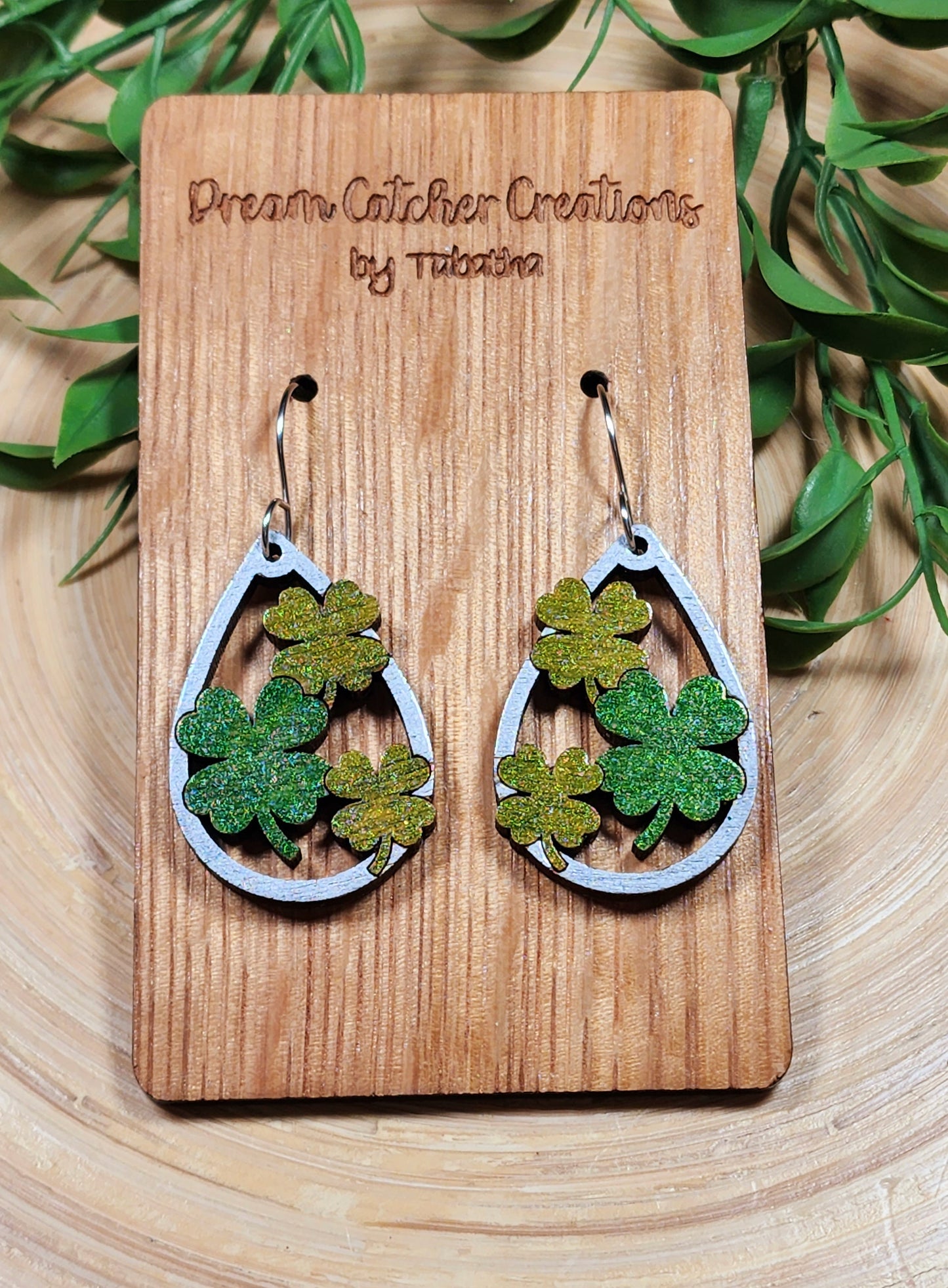 4 Leaf Clover Shamrock Teardrop Wood Earrings