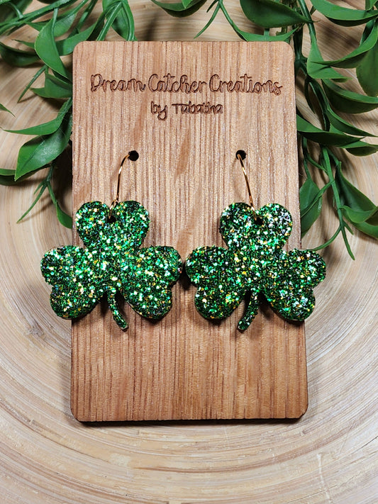 3 Leaf Clover Wood Earrings- Green & Gold Glitter