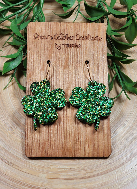 4 Leaf Clover Wood Earrings- Green & Gold Glitter