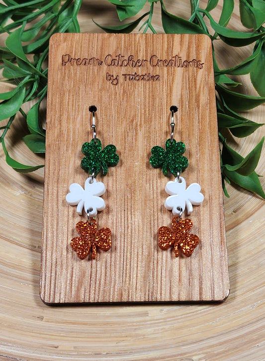 Triple Shamrock Glitter Acyrlic Earrings