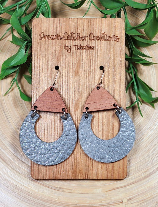 Crescent Drop Leather Earrings- Grey