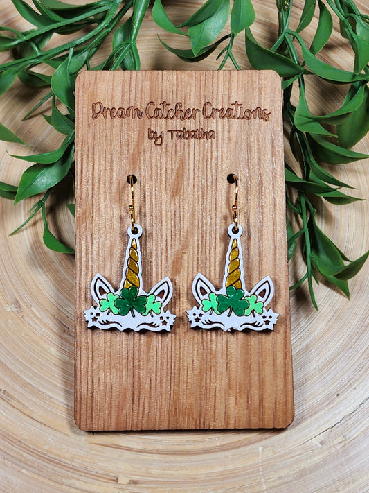 Unicorn Shamrock Wood Earrings- Mini