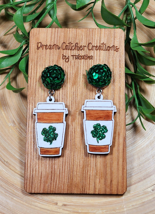 4 Leaf Clover Shamrock Hot Drink Wood Earrings- Multiple Options