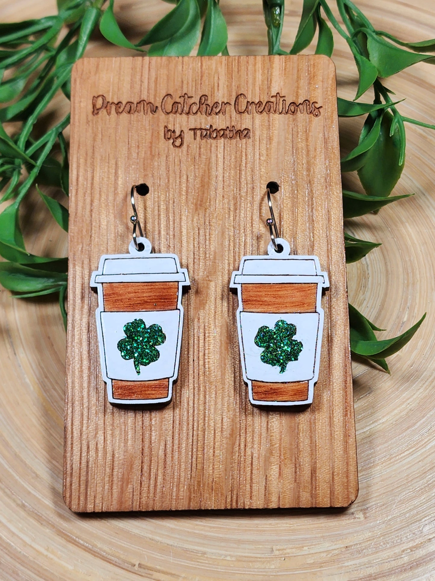 4 Leaf Clover Shamrock Hot Drink Wood Earrings- Multiple Options