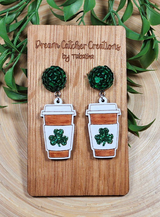 3 Leaf Clover Shamrock Hot Drink Wood Earrings- Multiple Options