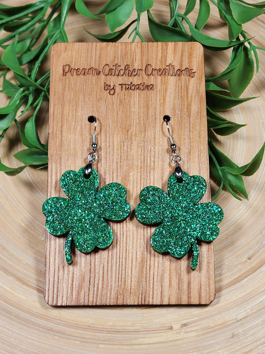 4 Leaf Clover Wood Earrings- Green Glitter