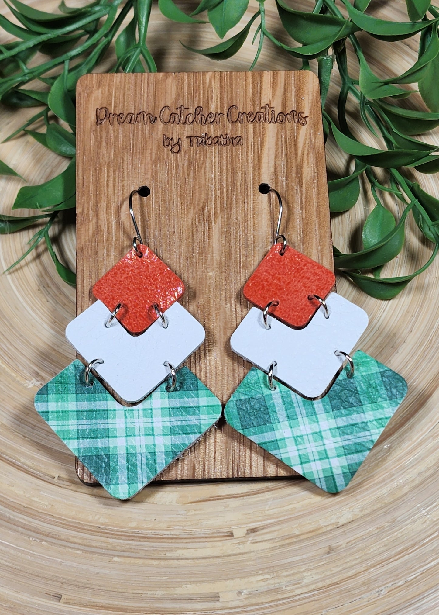 Chevron Leather Earring- Green Plaid/Irish Flag