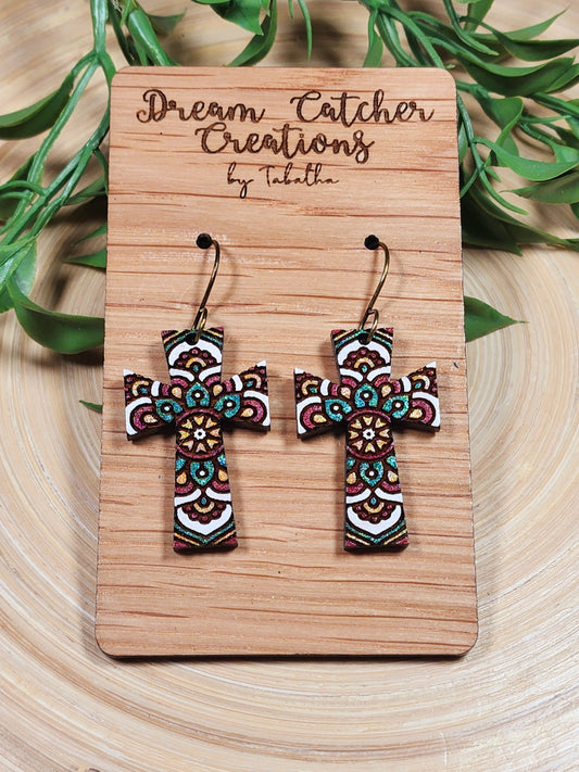 Mandala Cross Wood Earrings